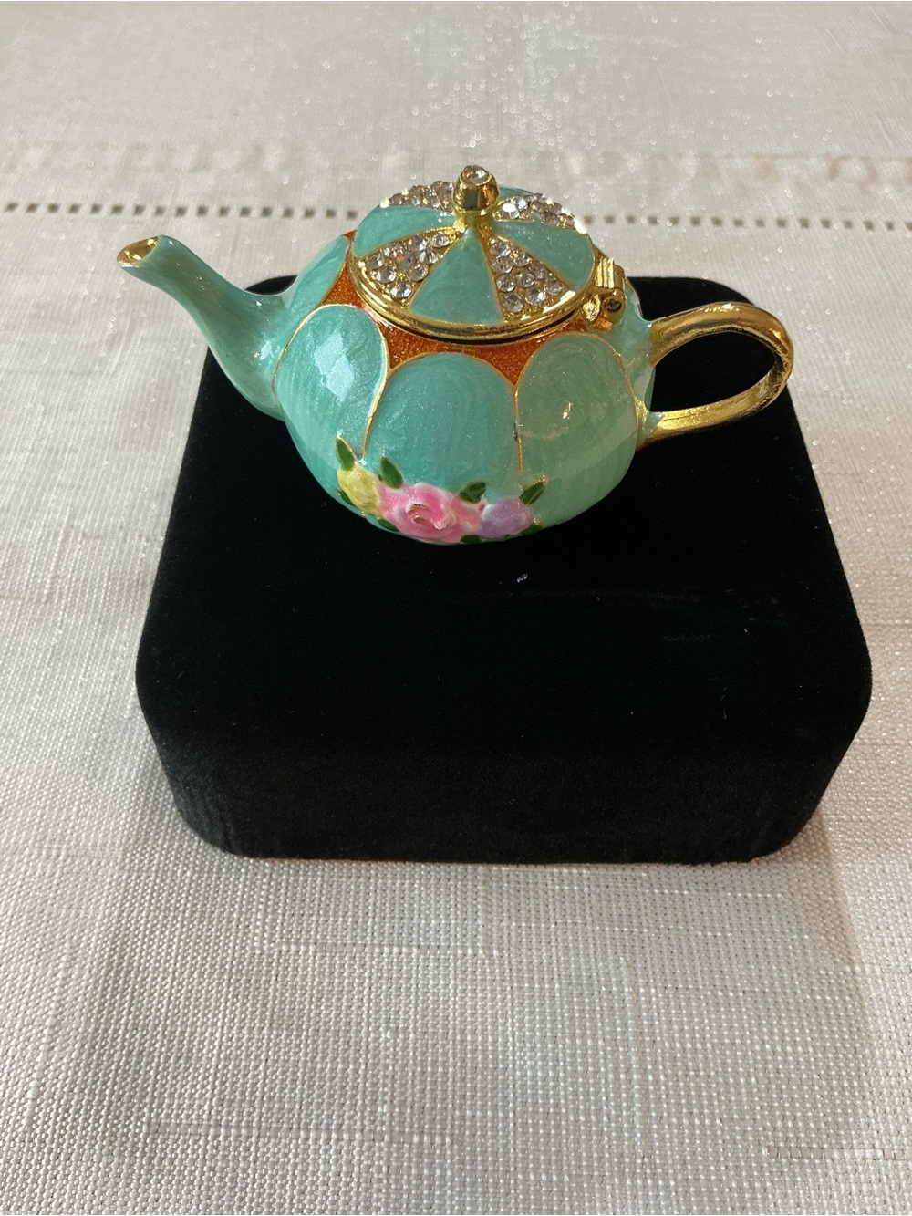 Robin’s Egg Enameled Gold Tone Teapot Trinket Box